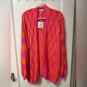 DAVI & DANI Pink and Orange Checker Open-Front Cardigan